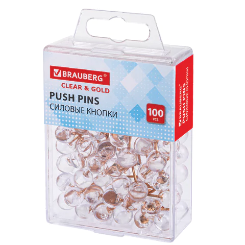 Силовые кнопки-гвоздики BRAUBERG CLEAR & GOLD, прозрачные с золотистым (шарики), 100 штук, 11 мм, 272760 - МСК «Форвард»