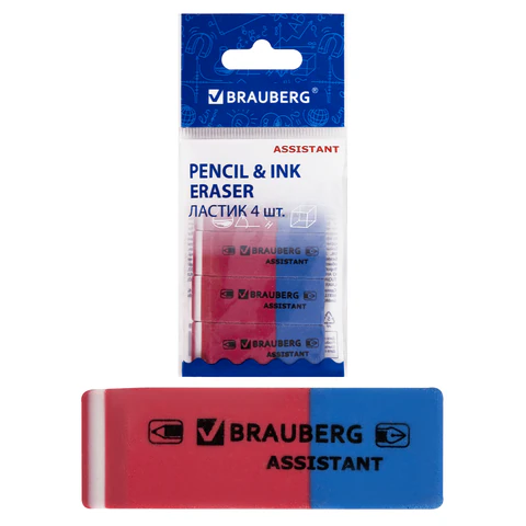 Набор ластиков BRAUBERG "Assistant 80" 4 шт., 41х14х8мм, красно-синие, прямоугольные, 222458