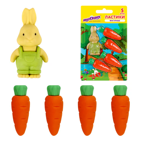 Набор ластиков фигурных ЮНЛАНДИЯ "Зайчик и урожай", 5 шт., ассорти, 229596