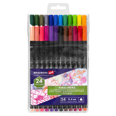 Ручки капиллярные (линеры), 24 ЦВЕТА, BRAUBERG ART "Classic", трехгранные, металлический наконечник, линия письма 0,4 мм, 144148 - МСК «Форвард»