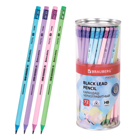 Карандаш чернографитный BRAUBERG "PASTEL", 1 шт., HB, трехгранный, с ластиком, 181995 - МСК «Форвард»