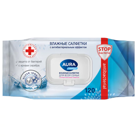 Салфетки влажные 120 шт., AURA Family, антибактериальные, для всей семьи, крышка клапан, 92342, 14622 117687
