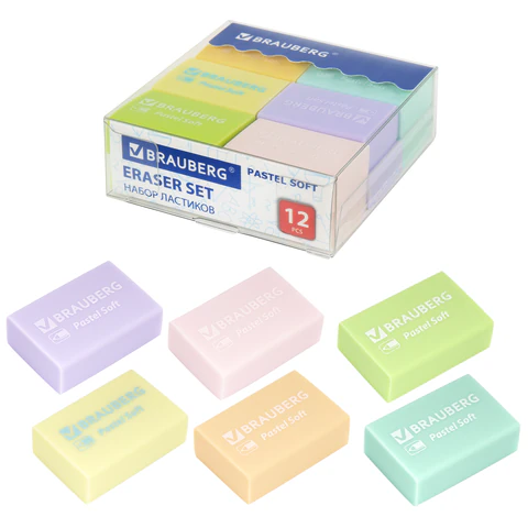 Ластики BRAUBERG "Pastel Soft" НАБОР 12 шт., размер ластика 31*20*10мм, экологичный ПВХ, 229598