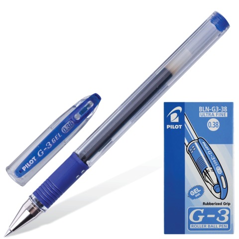 Ручка гелевая PILOT "G-3", корпус прозрачный, узел 0,38 мм, линия 0,2 мм, резиновый упор, синяя, BLN-G3-38 L 141460