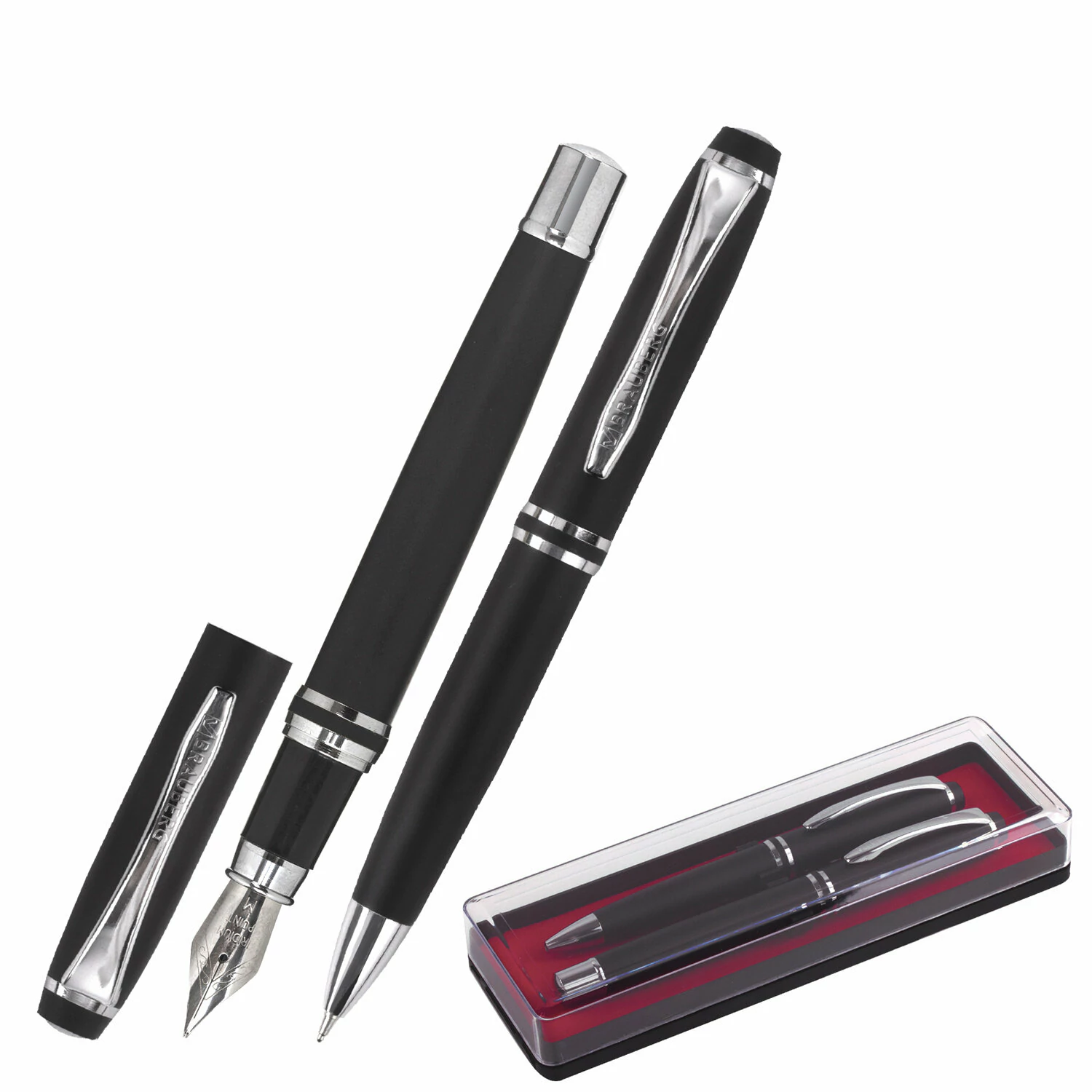 Набор ручек подарочных BRAUBERG Duetto, СИНИЕ, 2 шт: шариковая, перьевая, черный с хром., 143478