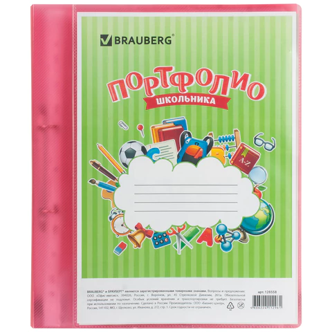 Папка для портфолио школьника, 2 кольца, 20 файлов, пластик полупрозрачный, красная, BRAUBERG,126558