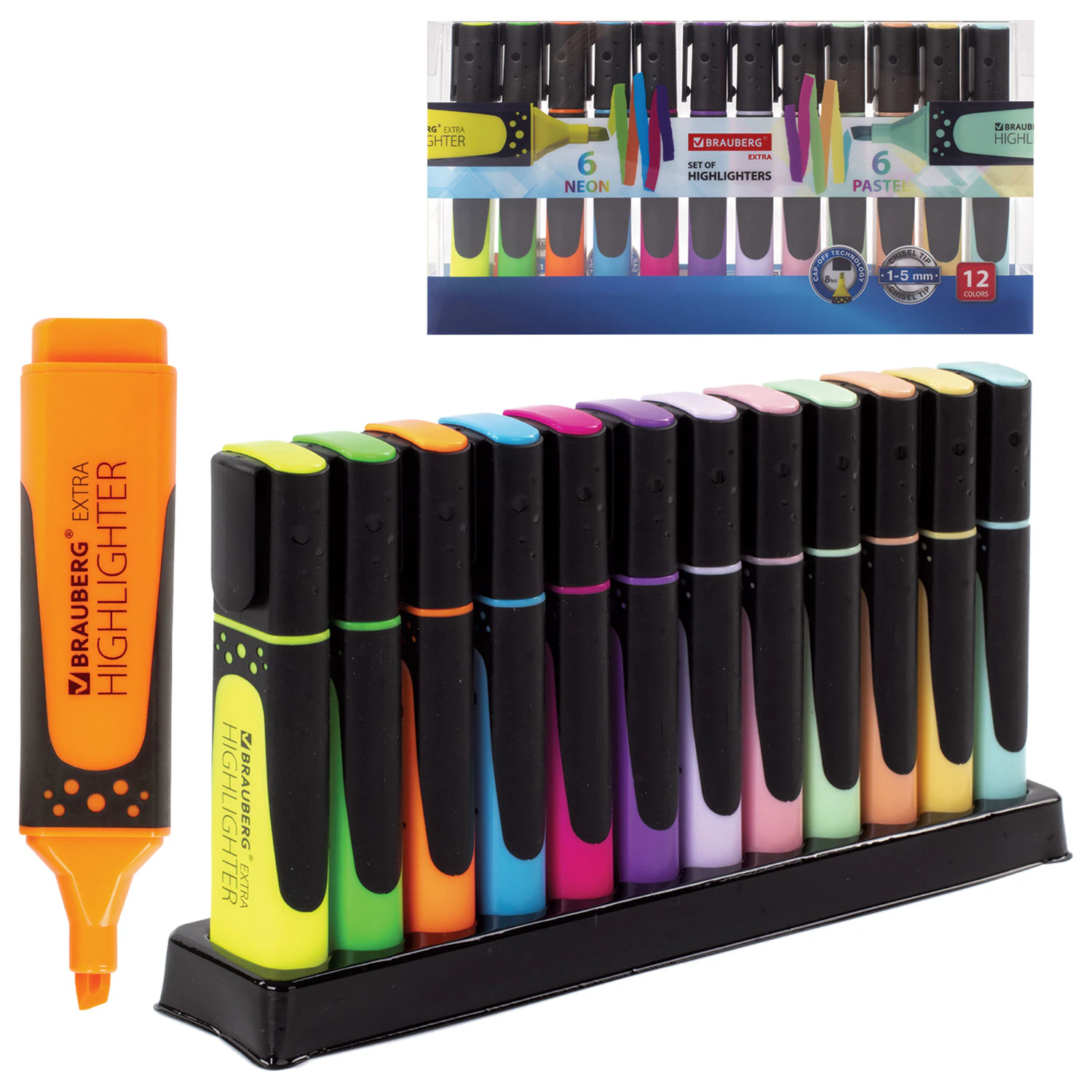 Набор текстовыделителей 12 ЦВЕТОВ на подставке, BRAUBERG"EXTRA", прорезиненный корпус, 1-5 мм,151758