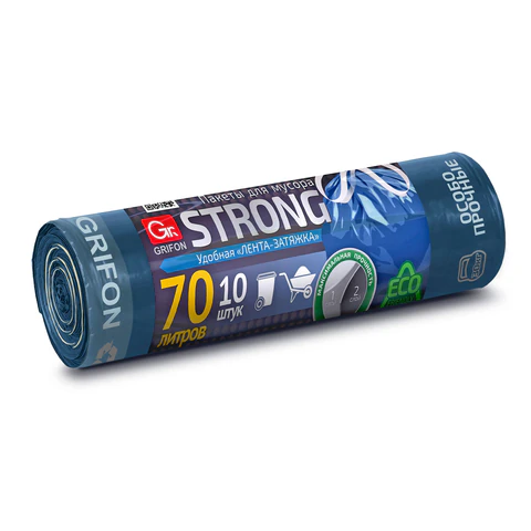 Мешки для мусора 70 л, синие, с ЗАВЯЗКАМИ, в рулоне 10 шт., ПВД, 60х78 см, 20 мкм, GRIFON, 101-184 701378