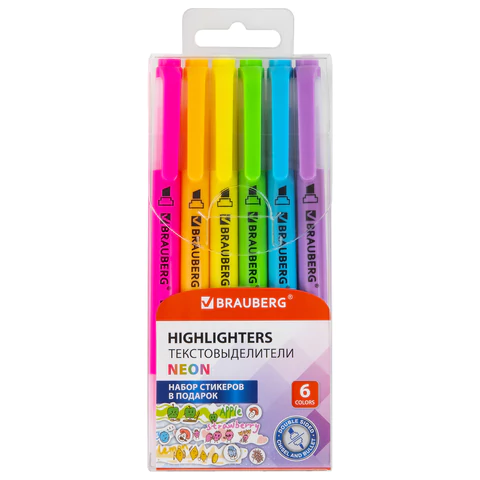 Набор текстовыделителей двусторонних 6 НЕОНОВЫХ ЦВЕТОВ, BRAUBERG "TWIN NEON", линия 1-5 мм, 152517 - МСК «Форвард»