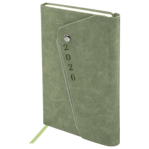 Ежедневник датированный 2026, А5, 145х213 мм, BRAUBERG "Jacket", под кожу, клапан, держатель, зеленый, 117402 - МСК «Форвард»