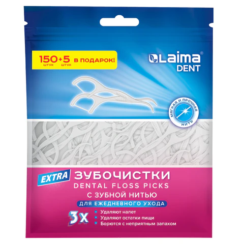 Зубочистки-флоссеры с зубной нитью "150 шт. + 5 шт. в подарок!", зиплок-пакет, LAIMA DENT, 609402 - МСК «Форвард»