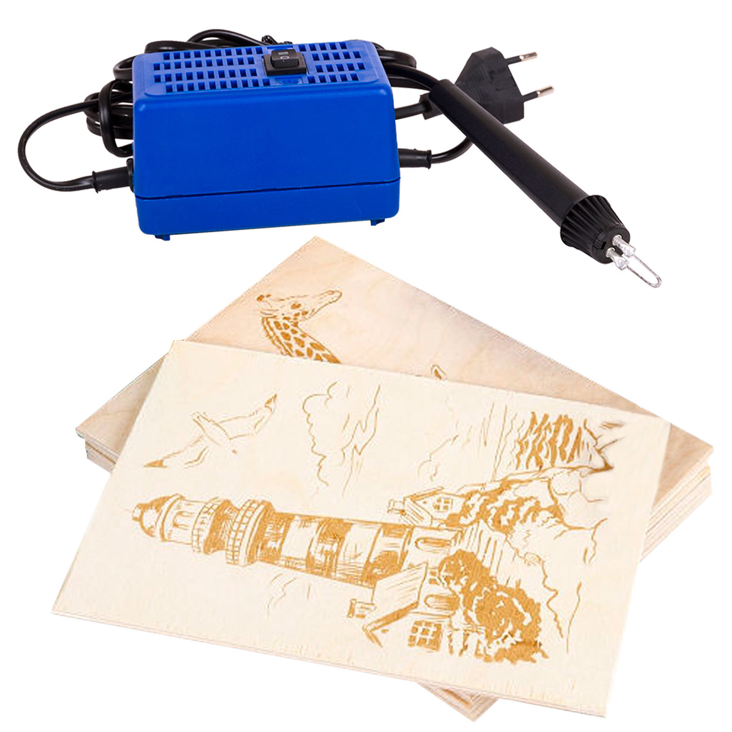 Набор для выжигания Узор-10к, выжигатель + 8 досок (4 с рисунком + 4 чиcтых, 15x21cм), 10 КОР, 01817