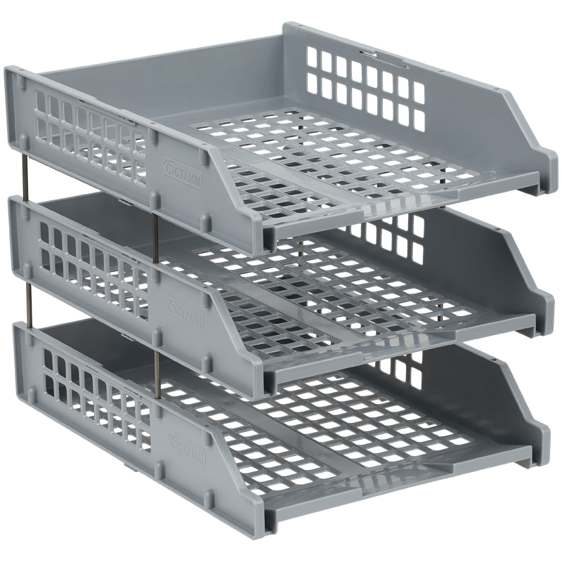 Лотки горизонтальные для бумаг, НАБОР 3 шт (340х260х240мм), на метал стерж, сер, СТАММ "Strong",ЛТГ-63794 098055