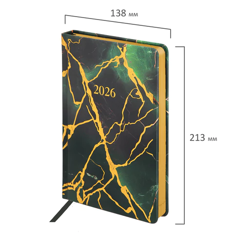 Ежедневник датированный 2026 А5 138x213 мм, BRAUBERG "Vista", под кожу, твердый, "Green marble", 117456 - МСК «Форвард»