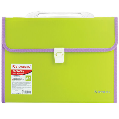 Папка-портфель пласт. BRAUBERG "JOY", А4 (330х245х35мм), 13 отделений, с окант., салатовый, 227974