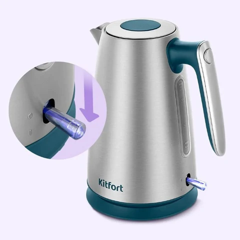 Чайник KITFORT КТ-8725, 1,7 л, 2200 Вт, закрытый нагревательный элемент, сталь/пластик, серебристый/бирюзовый 456022 - МСК «Форвард»