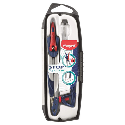 Готовальня MAPED (Франция) "Stop System", 3 предмета, ударопрочный пенал с европодвесом, 196100 210362