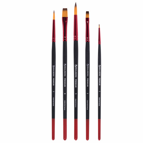 Кисти BRAUBERG PREMIUM, набор 5 шт. (синтетика, круглая № 1, 3, 5, плоская № 5, 8), блистер, 201024 - МСК «Форвард»