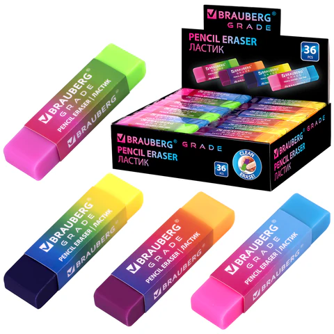 Ластик полупрозрачный BRAUBERG "Grade", 60x15x10 мм, картонный держатель, цвет ассорти, 271997