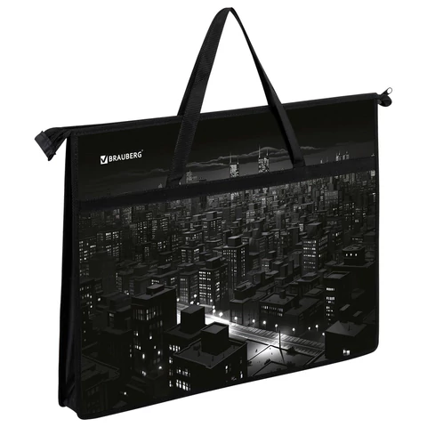 Папка для рисунков и чертежей с ручками BRAUBERG А3, пластик, молния сверху, "Night city", 273410