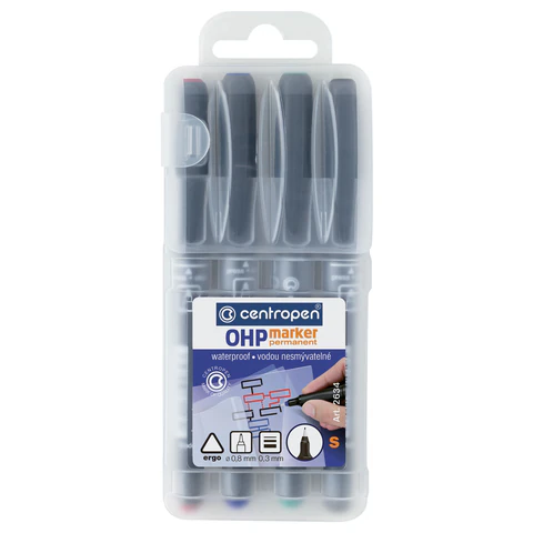 Маркеры перманентные для любой гладкой поверхности, НАБОР 4 шт., 4 ЦВЕТА, CENTROPEN "OHP", 0,3 мм, 2634/4, 626340401 152680