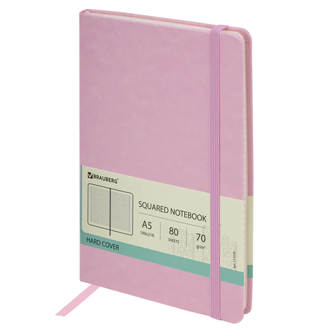 Блокнот А5 148x218мм, BRAUBERG Metropolis Special, под кожу, 80л, резинка, клетка, розовый, 111579