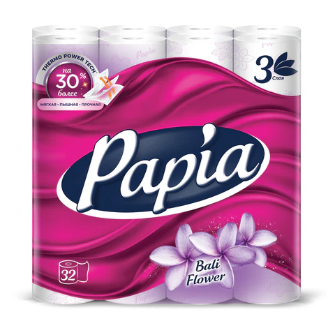 Бумага туалетная бытовая, спайка 32 шт., 3-слойная (32х16,5 м), PAPIA, аромат "Балийский цветок", 5080740 118568