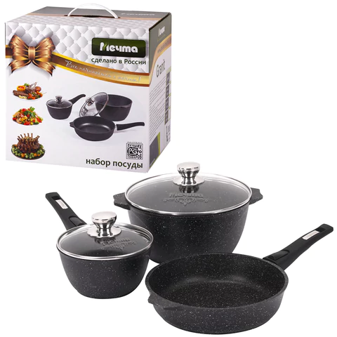 Набор посуды (сковорода 26 см, кастрюля 5 л, ковш 1,7 л, 2 съемных ручки, 2 крышки), МЕЧТА "Гранит Black", 001802 700722 - МСК «Форвард»