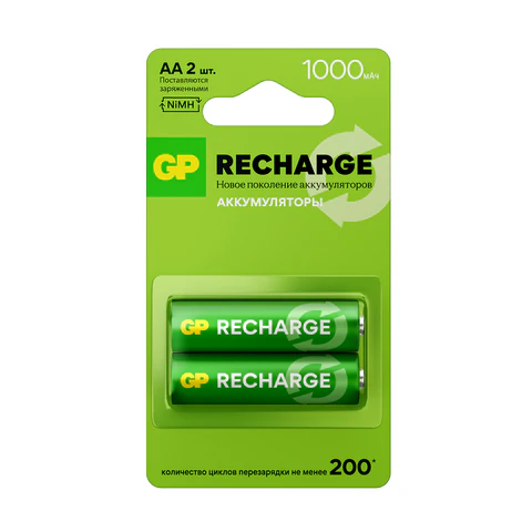 Батарейки аккумуляторные GP ReCharge Ni-Mh пальчиковые КОМПЛЕКТ 2 шт., АА (HR6) 1000 mAh, 100AAHCV, 100AAHCV-2CRSB 458475 