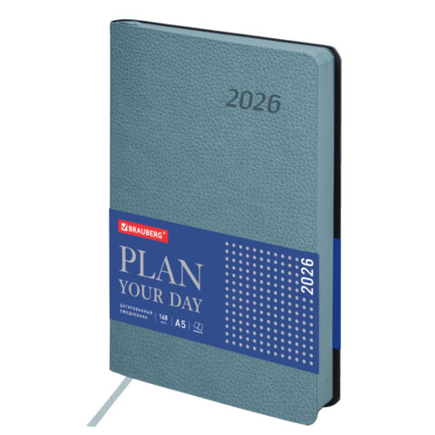 Ежедневник датированный 2026 А5 138x213 мм, BRAUBERG "Stylish", под кожу, гибкий, серо-голубой, 117105