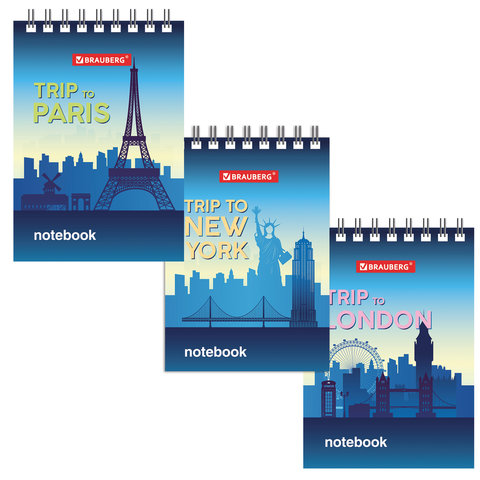 Блокнот МАЛЫЙ ФОРМАТ А7 75х105мм, 40л, гребень, картон, клетка, BRAUBERG, Города, 129856