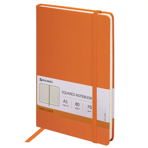 Блокнот А5 148x218мм, BRAUBERG Metropolis, балакрон, 80л, резинка, клетка, оранжевый, 111584
