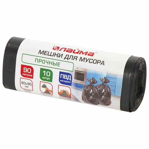Мешки для мусора 90л черные в рулоне 10 шт прочные, ПВД 25 мкм, 60х95см, LAIMA, 605332