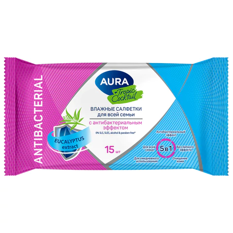 Салфетки влажные 15 шт., AURA Tropic Cocktail, c антибактериальным эффектом, 10388 117677 - МСК «Форвард»