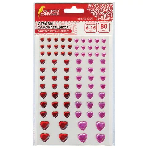 Стразы самоклеящиеся СЕРДЦЕ, 6-15мм, 80шт., розовые/красные, на подложке, ОСТРОВ СОКРОВИЩ, 661399