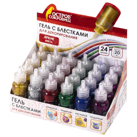Гель с блестками ОСТРОВ СОКРОВИЩ, 20 мл, КОМПЛЕКТ 24ШТ цвета ассорти, в дисплее, 662260