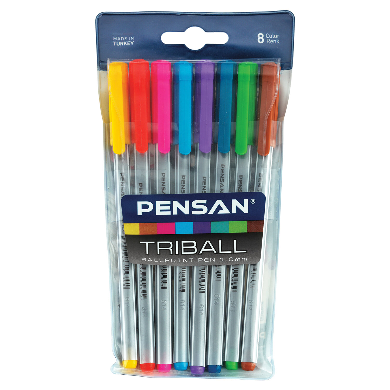 Ручки шариковые масляные PENSAN Triball Colored, НАБОР 8 шт., АССОРТИ, 1мм, линия 0,5мм, 1003/PVC8 143434