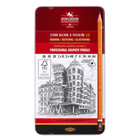 Карандаши чернографитные KOH-I-NOOR, НАБОР 12 шт., "Art" 6B-6H, без резинки, металлическая коробка, 1582012001PL 182171 - МСК «Форвард»