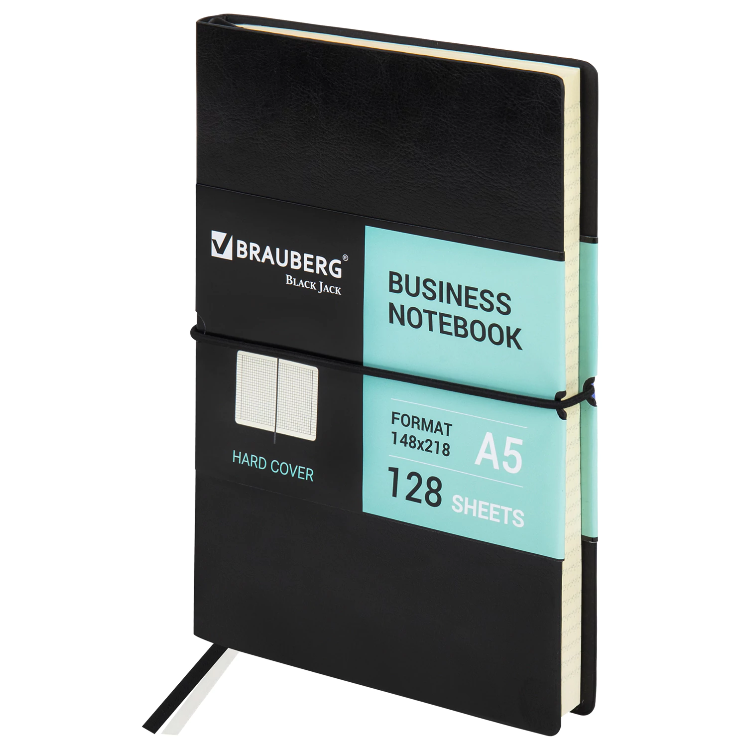 Блокнот А5 (148х218мм), BRAUBERG Black Jack, 128л, кожзам, клетка, резинка, черный, 125240