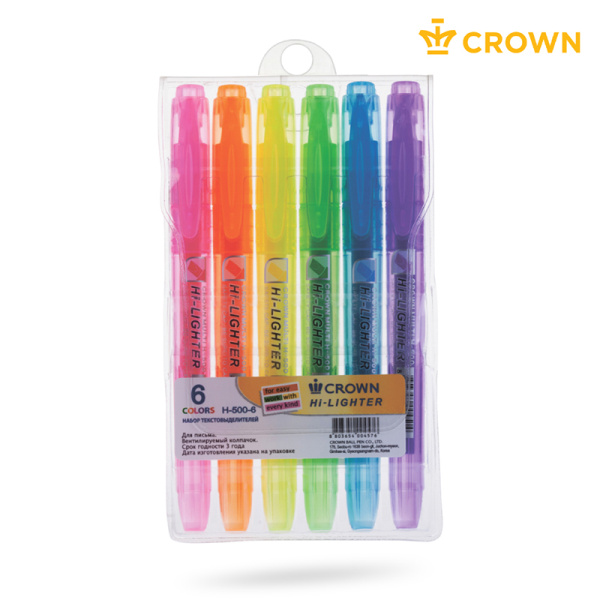 Набор текстовыделителей Crown "Multi Hi-Lighter" 6 НЕОНОВЫХ ЦВЕТОВ , 1-4мм, чехол с европодвесом H-500-6 207923 - МСК «Форвард»