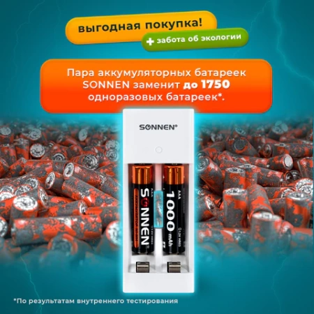 Зарядное устройство с аккумуляторами 2 шт. AAA (HR03), 1000 mAh, SONNEN BC2, в блистере, 455004 - МСК «Форвард»