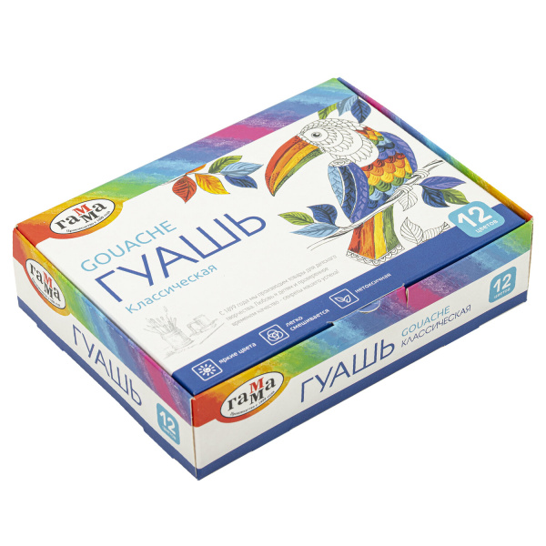 Гуашь ГАММА "Классическая", 12 цветов по 20 мл, картонная упаковка, 22103012 191387