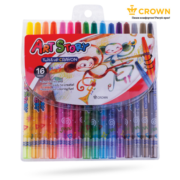 Карандаши восковые Crown "ArtStory", 16цв., выкручивающийся стержень, ПВХ, европодвес TP-1600 225400