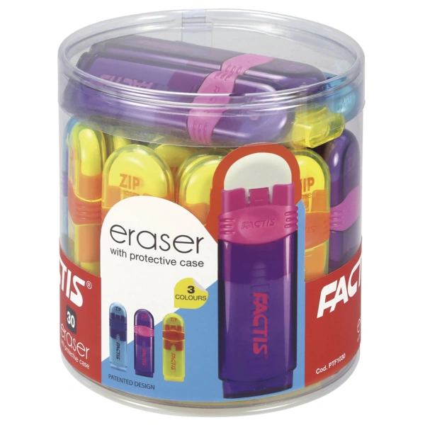 Ластик выдвижной FACTIS ZIP (Испания), 80х10х10мм, белый, пластиковый корпус ассорти, PTF1030 228023