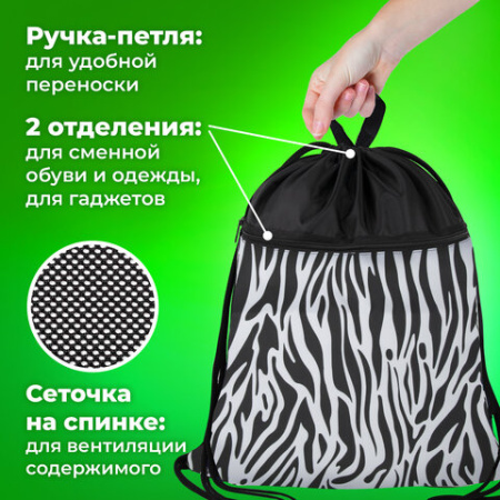 Мешок для обуви BRAUBERG БОЛЬШОЙ, с ручкой, карман на молнии, сетка, 49х41 см, "Zebra", 271611 - МСК «Форвард»