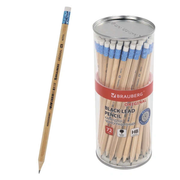 Карандаш чернографитный BRAUBERG "ORIGINAL", 1 шт., HB, с ластиком, некрашеный корпус, 181713
