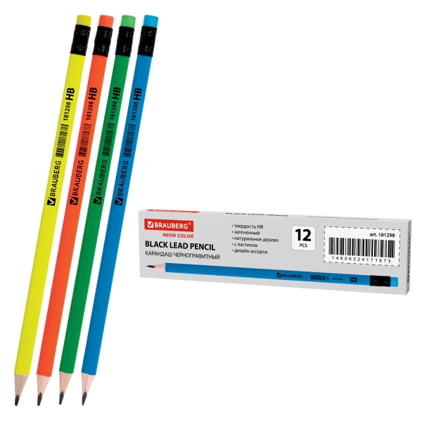 Карандаш чернографитный BRAUBERG, 1шт., "Neon", HB, трехгр, с ластиком, корп.неон.ассорти, 181298
