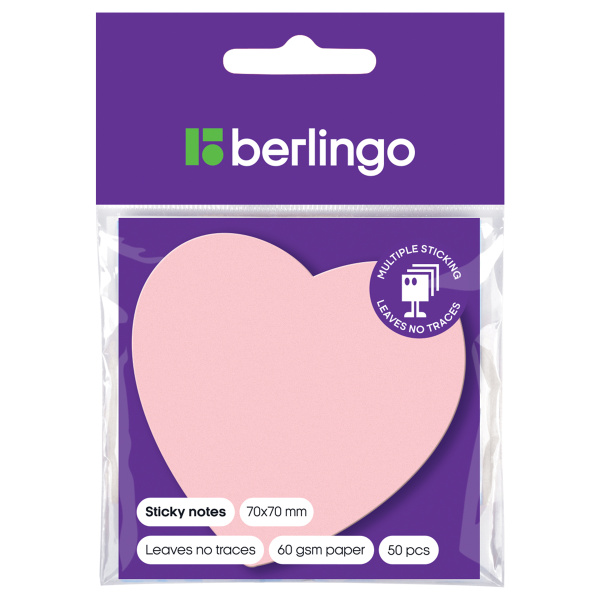 Блок самоклеящийся (стикеры) фигурный Berlingo "Сердце", 70*70мм, 50л., малиновый неон, европодвес LSz_76033 205662
