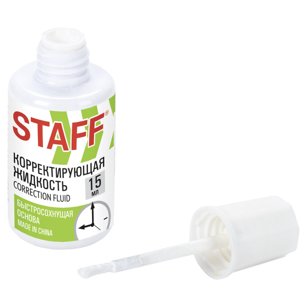 Корректирующая жидкость STAFF Basic быстросохнущая, 15 мл, с кисточкой, 226055