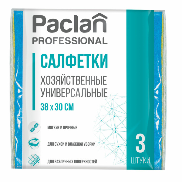 Салфетки универсальные, 30×38 см, КОМПЛЕКТ 3 шт., 90 г/м2, вискоза, PACLAN Professional 600915